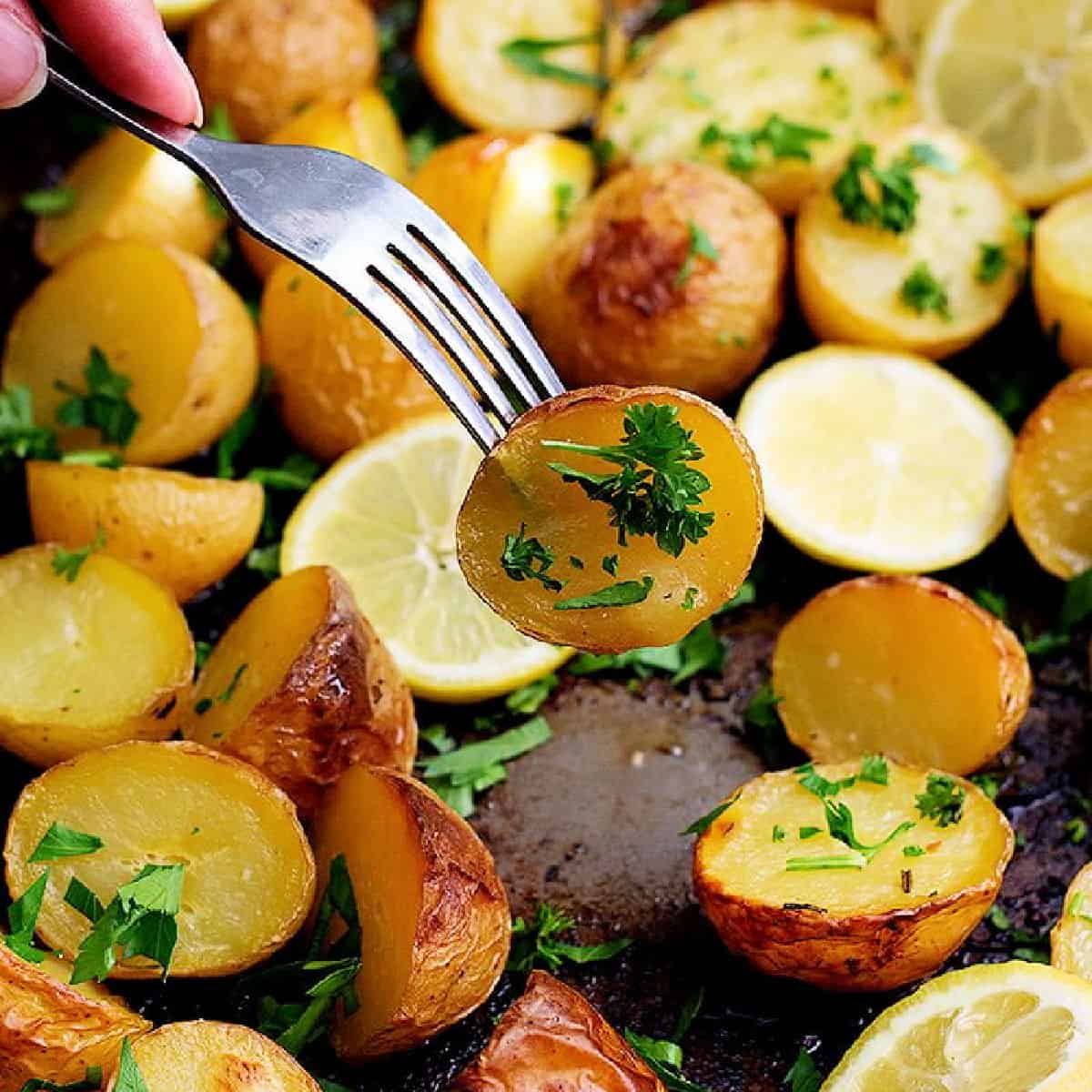 Greek potatoes on a pan.