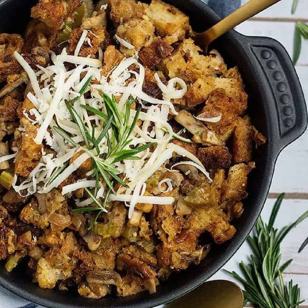 This easy homemade stuffing is a show stopper! Juicy mushrooms mixed with tasty Gruyere and shallots makes the best stuffing!
