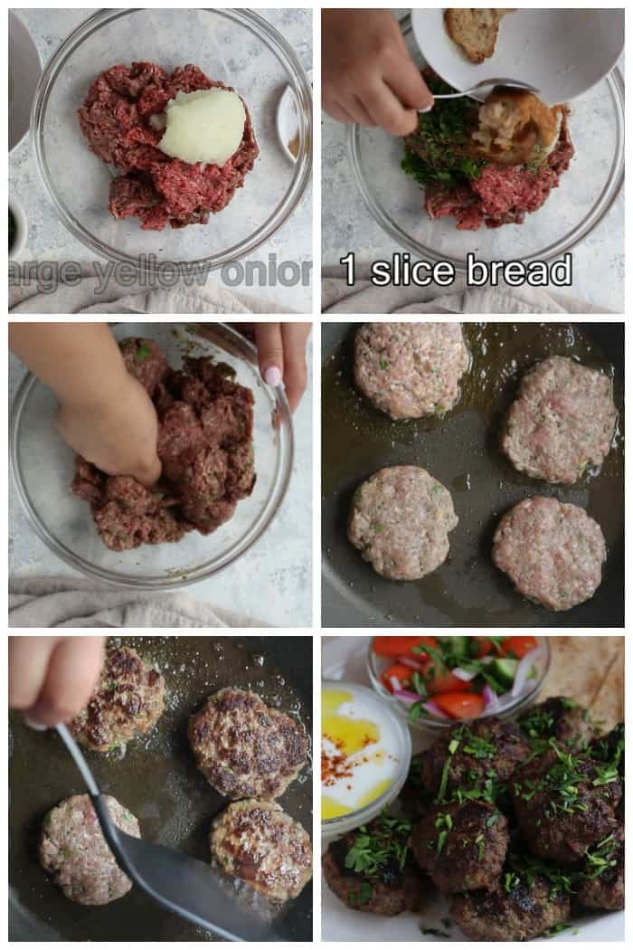 mix ground beef with onion and spices add soaked bread. Form and fry in oil serve with pita and salad. 