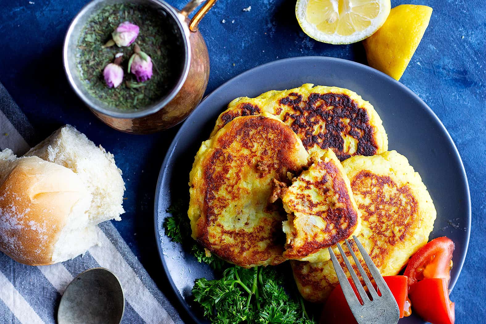 potato patties served with bread and ayran