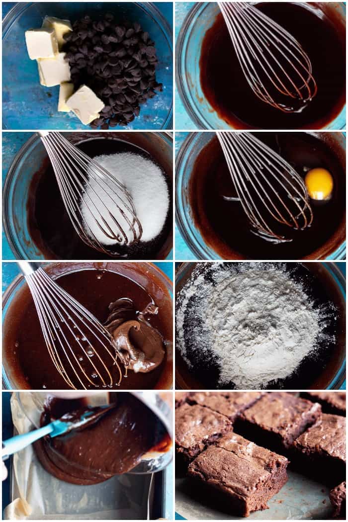 melt the chocolate and butter add sugar and eggs then add nutella and flour. Bake in the oven for 20 minutes. 