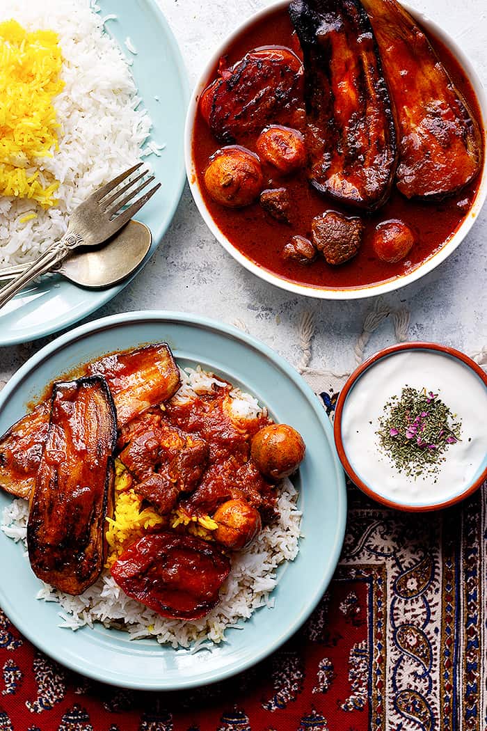 Khoresh bademjan is a delicious Persian eggplant stew that's served with rice. This Persian stew is usually served with rice and tahdig. Learn how to make this easy Persian recipe with this recipe and step-by-step video tutorial. 