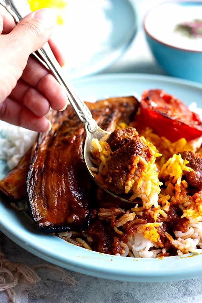 Serve this eggplant stew with rice, Eggplants are fried for this recipe. 