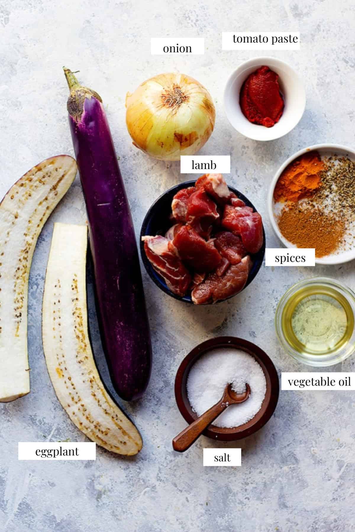 Ingredient shot for khoresh bademjan. You need oil, onion, lamb, spices, tomato paste and eggplants.
