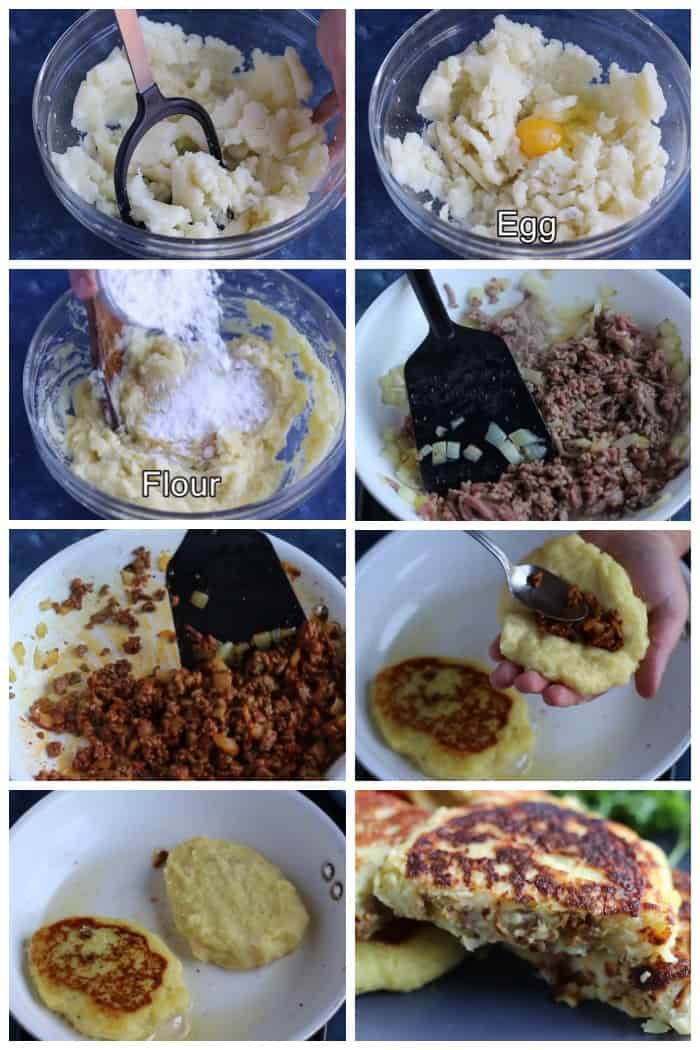 to make these patties, mash the potatoes add the eggs and flour and set aside. Make the beef mixture and add some to the middle of the patties, seal ad fry on both sides until cooked through. 