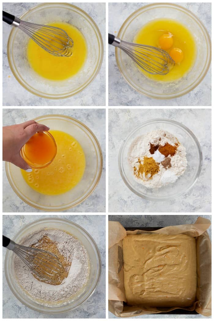to make this cake mix melted butter with sugar then add eggs and clementine juice. Mix flour with spices and add to the cake. Bake for 30 minutes. 