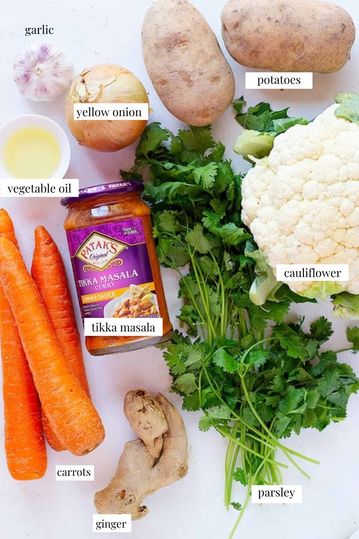 To make veggie tikka masala you need carrots, onion, garlic, ginger, potatoes, oil and patak's curry sauce. 