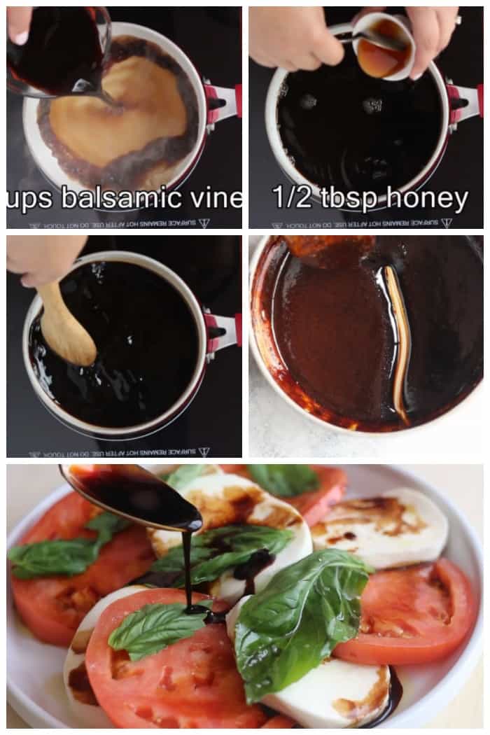 Add the balsamic vinegar to the sauce pan and add honey to it. Stir and simmer until thickened. Drizzle on caprese salad. 
