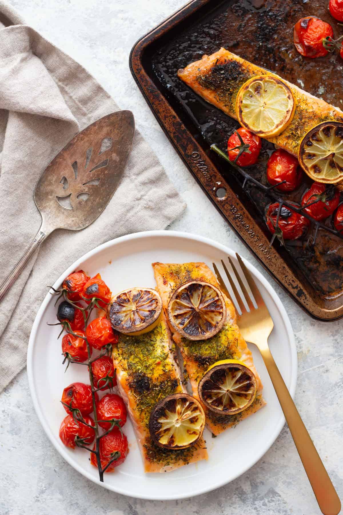 Two pieces of broiled salmon on a plate.