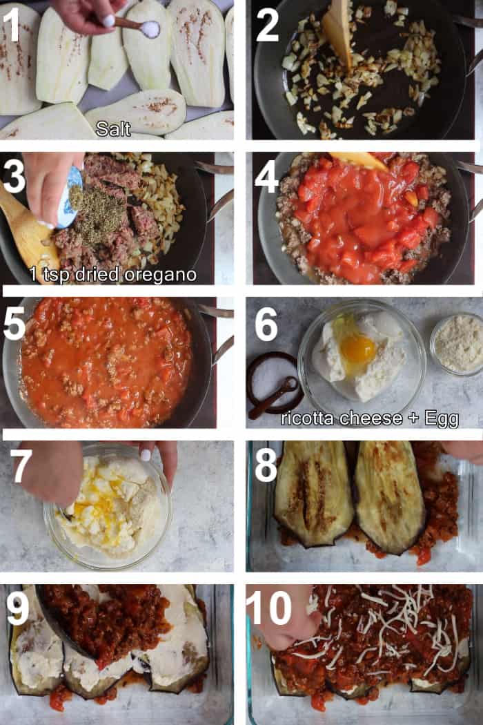 To make this recipe, salt and roast the eggplant, then make a meat sauce with ground beef, onions, spices and tomatoes. Assemble the lasagna using a ricotta and egg mixture and bake in the oven. 