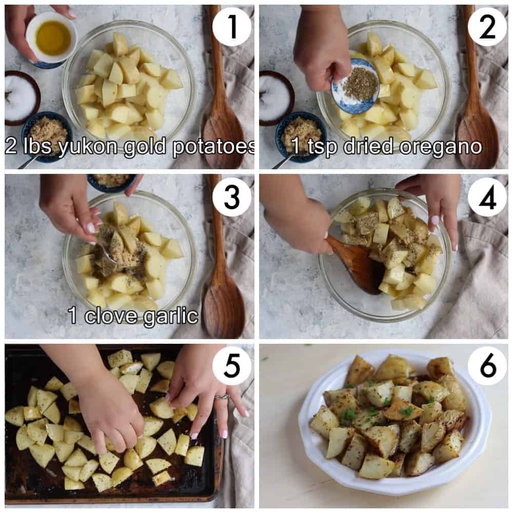 place chopped potatoes in a large bowl and add olive oil, oregano, garlic and salt. Place on a baking sheet and roast until cooked and golden. 