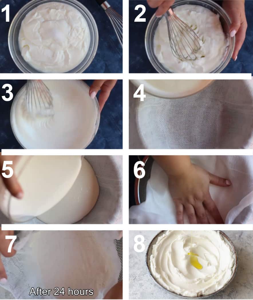 Mix yogurt with salt. Pour it into cheesecloth and let it sit for 24 hours. Spread in a bowl.