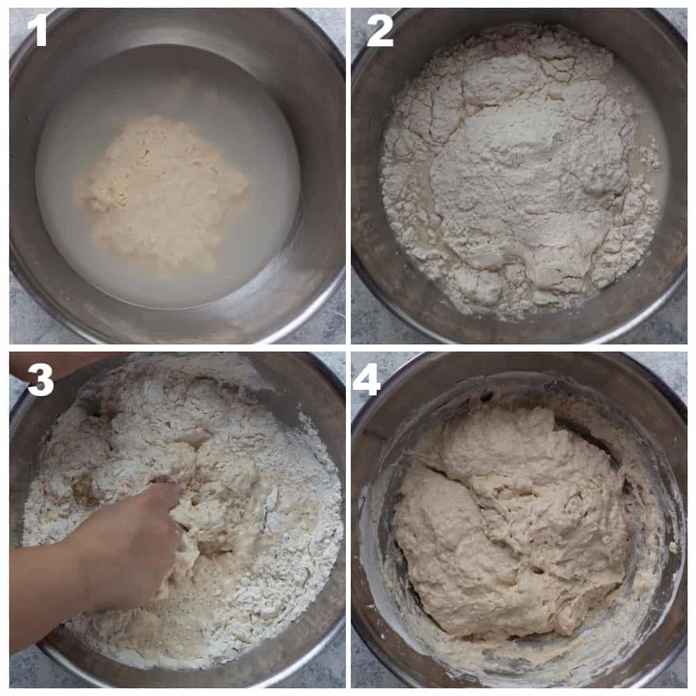 Mix starter with water, add flour and mix until a mass of dough forms. 