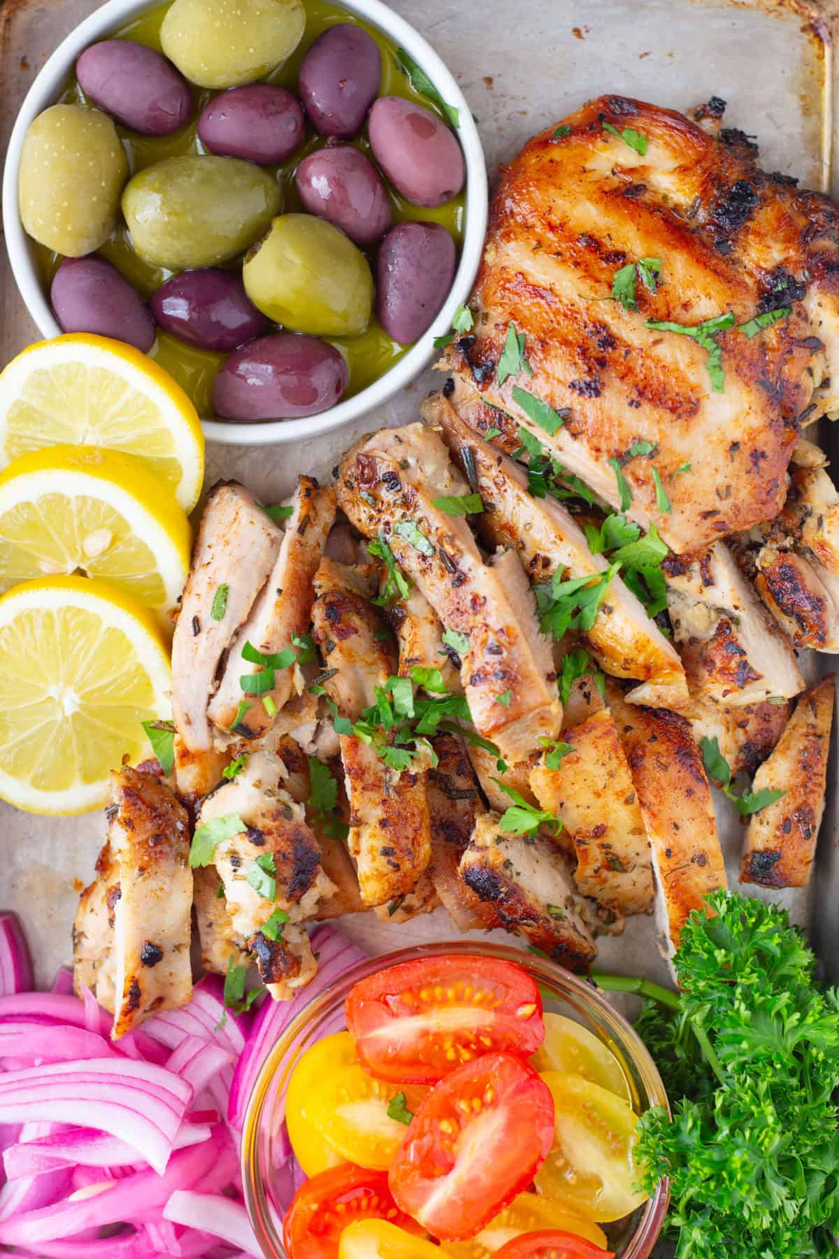 Marinated chicken can be grilled or seared in a pan.