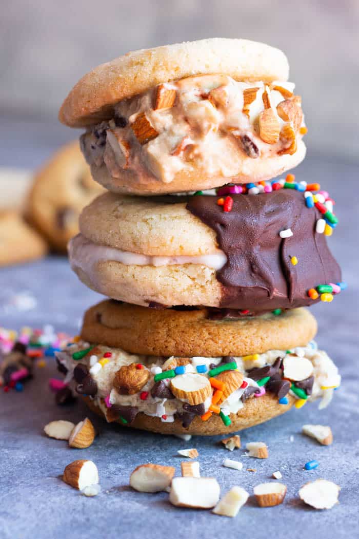 Three ice cream sandwiches stacked on top of each other. 