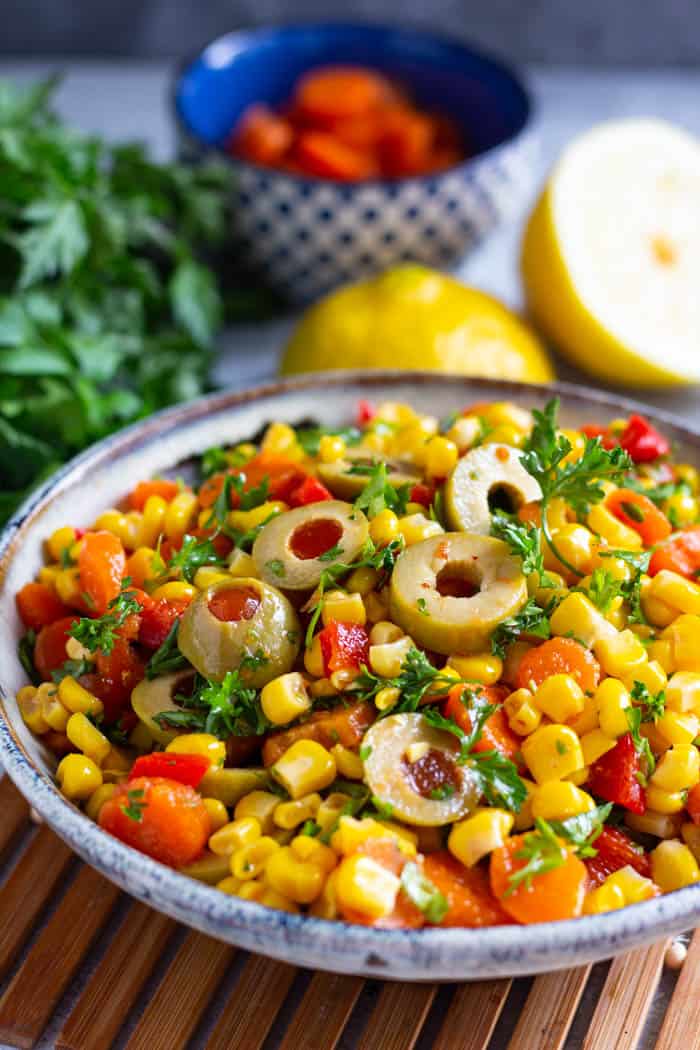 This is an easy corn salad with a Mediterranean twist.