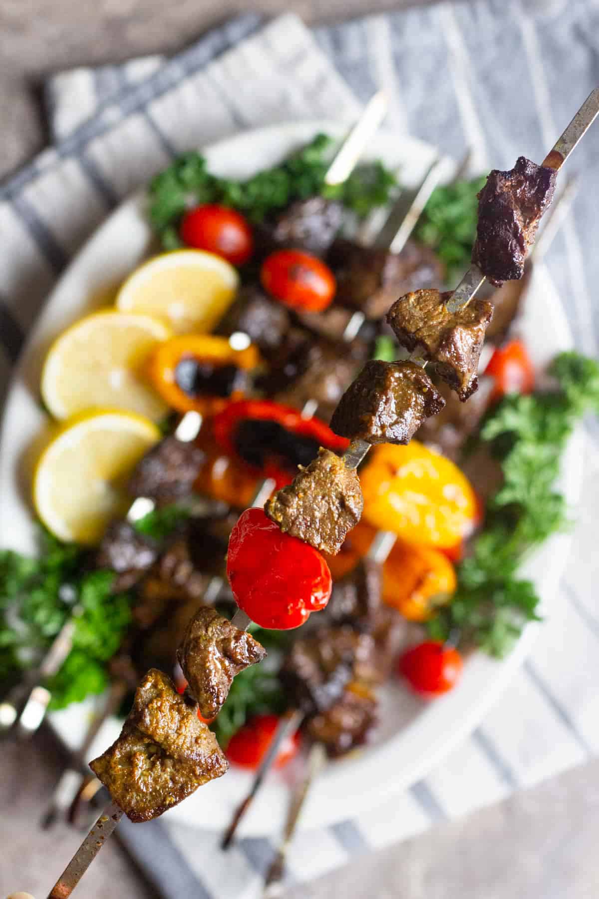 Close up shot of a grilled beef skewer