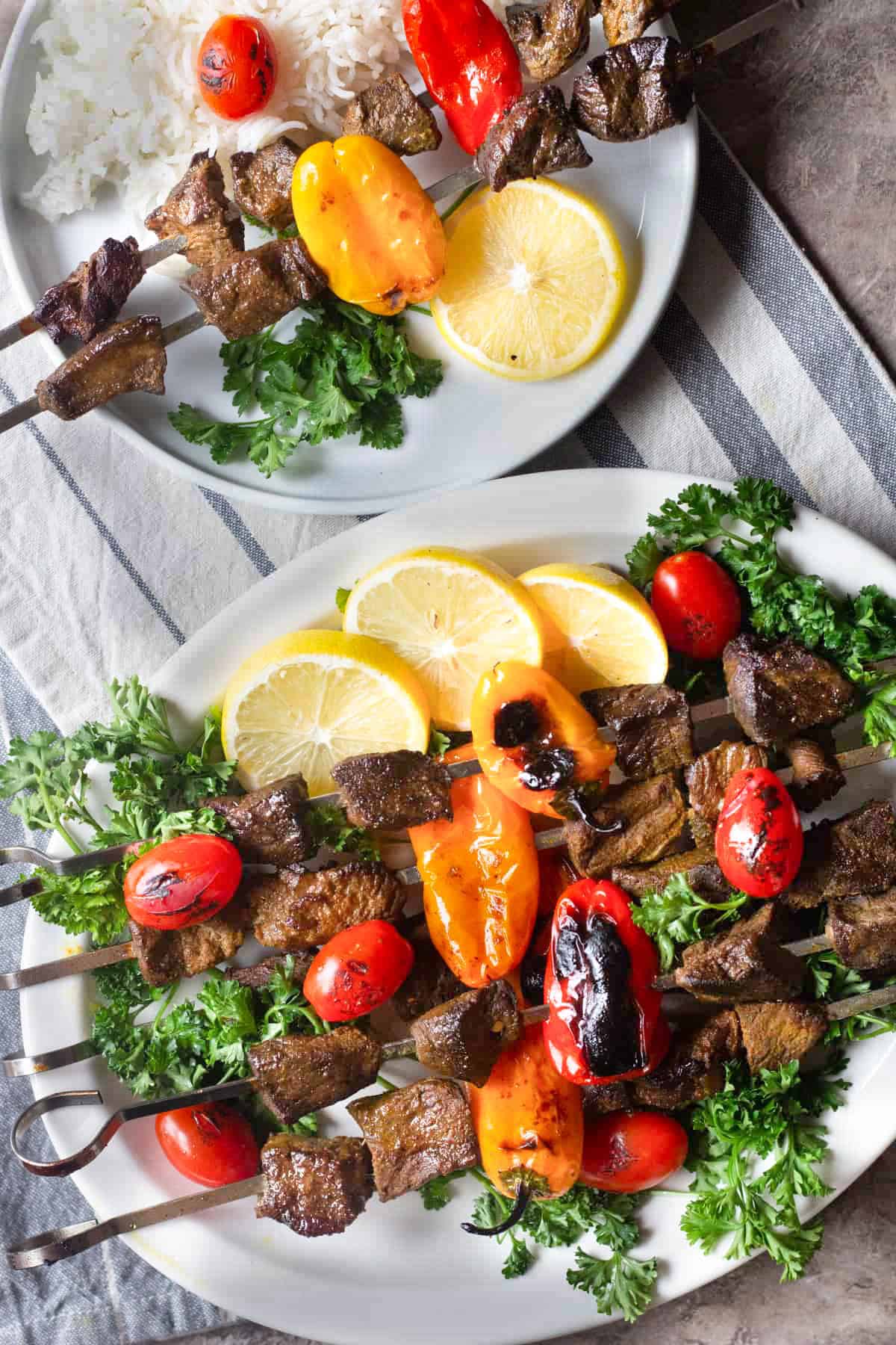 Beef Shish kabobs come together in a short time and you can serve them with different sides such as Mediterranean oven roasted vegetables or Mediterranean salad.