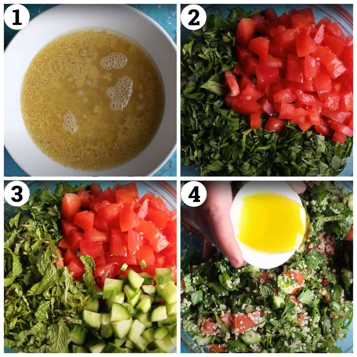 soak the bulgur in water, add the herbs and tomatoes. add the dressing.
