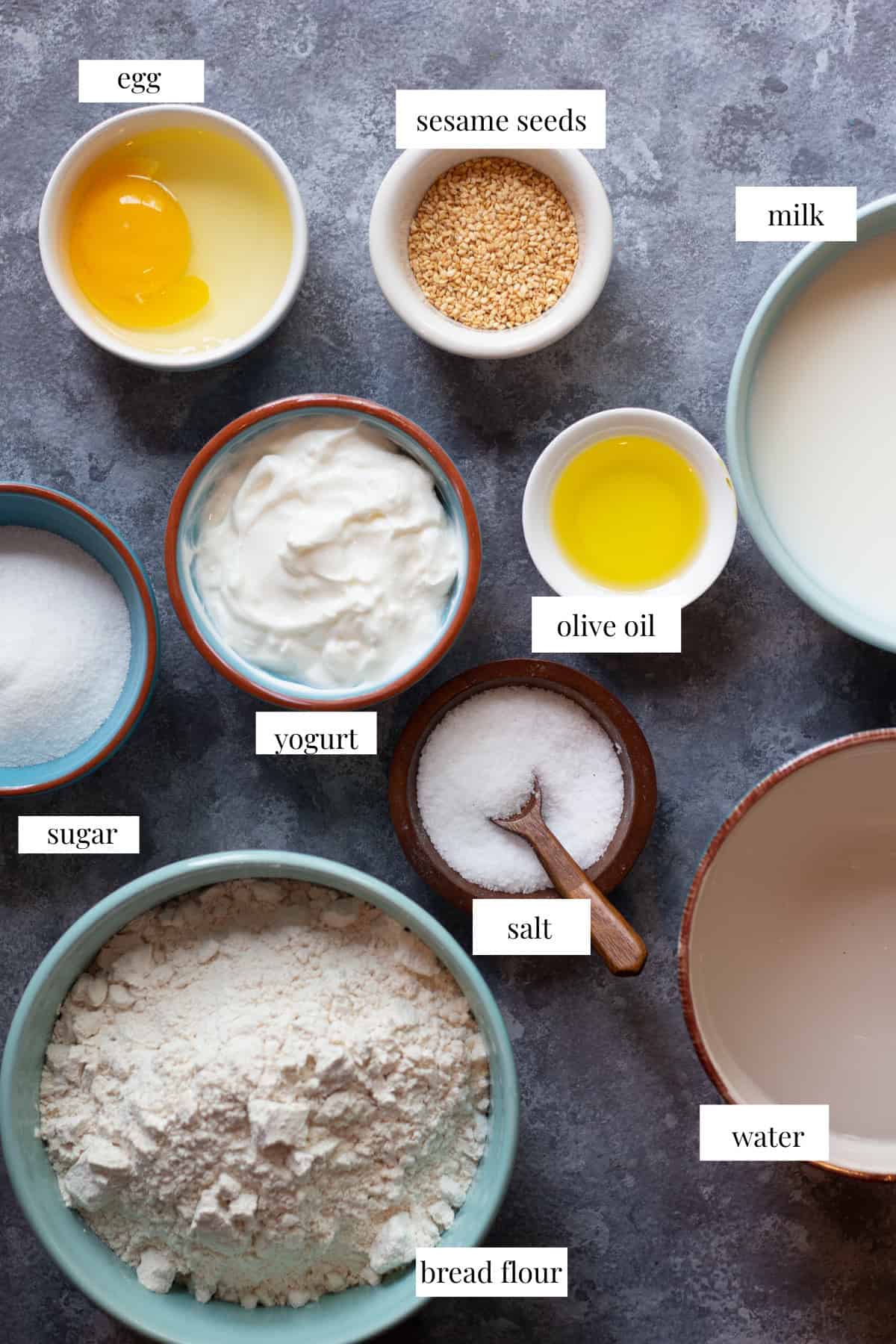 To make this recipe you need water, milk, olive oil, sugar, salt, egg, flour and yogurt.