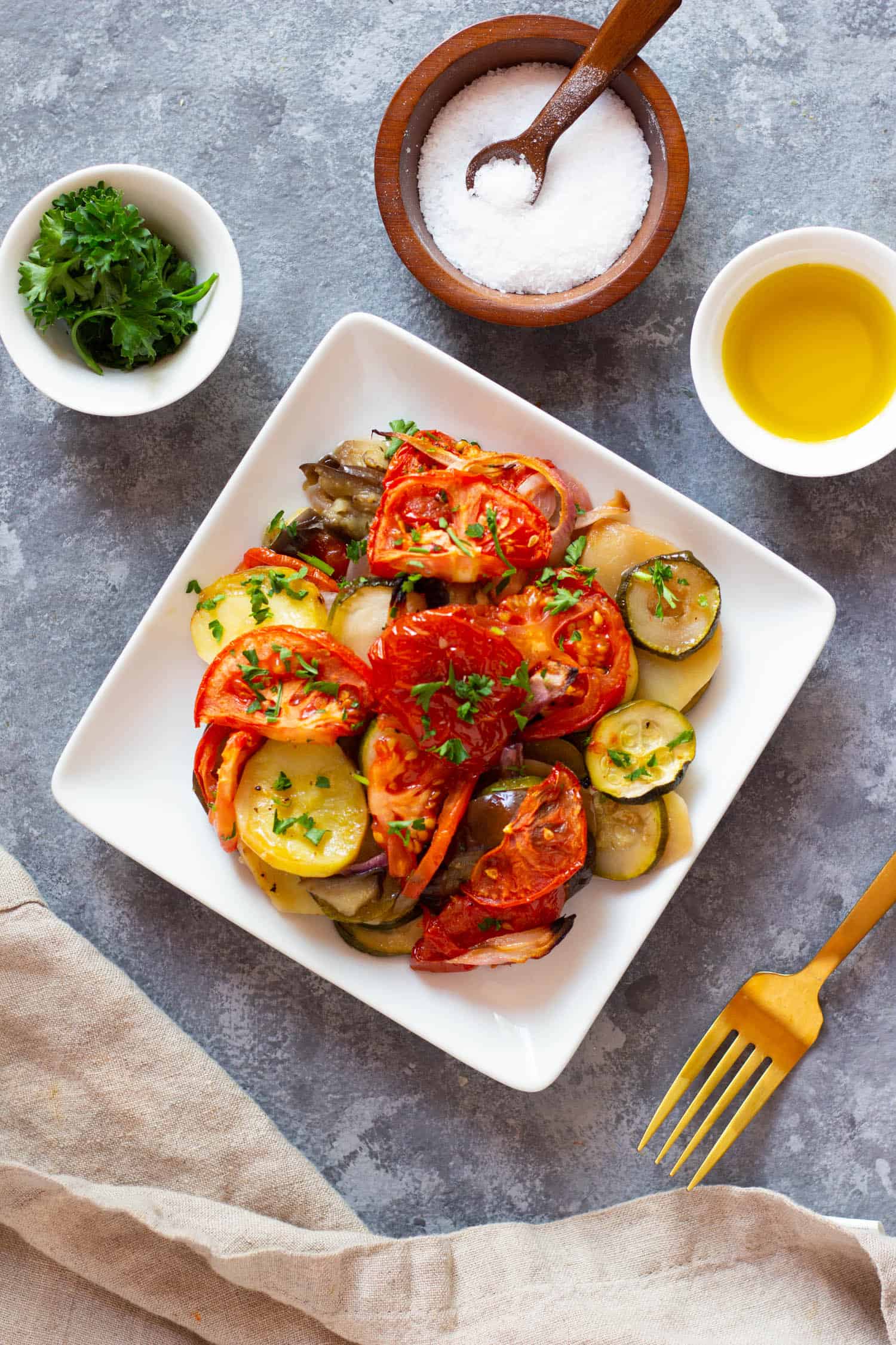 The vegetables in this dish are flavored with olive oil and are soft and tender.