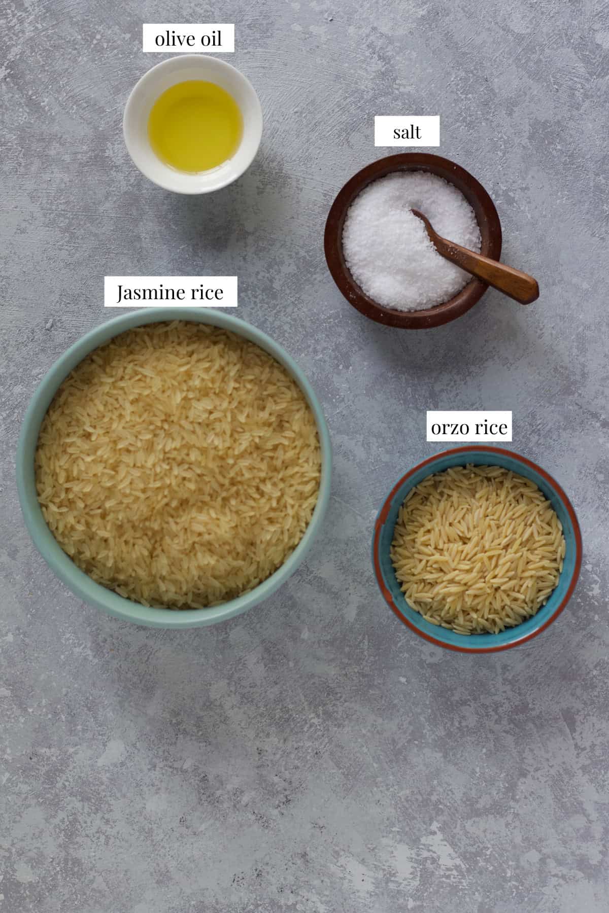 To make this recipe, we need olive oil, salt, jasmine rice and orzo. 