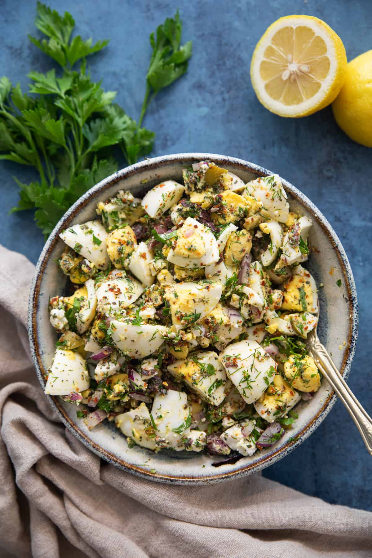 Overhead shot of Mediterranean healthy egg salad recipe. 