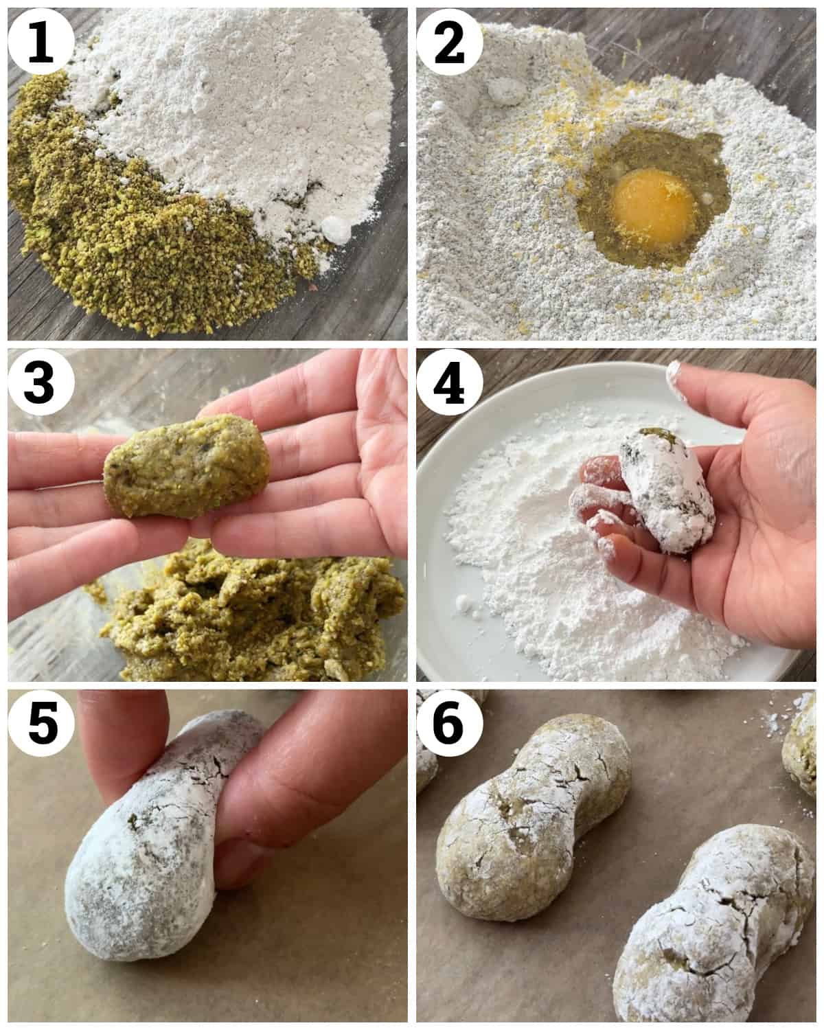 Mix powdered pistachios with flour and powdered sugar then add then egg and lemon zest. Shape the cookies, roll in the powdered sugar, make indentations and bake. 