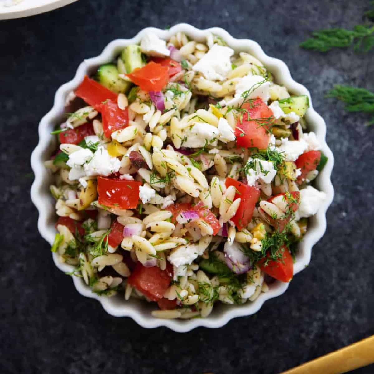 Overhead shot of Mediterranean orzo salad.