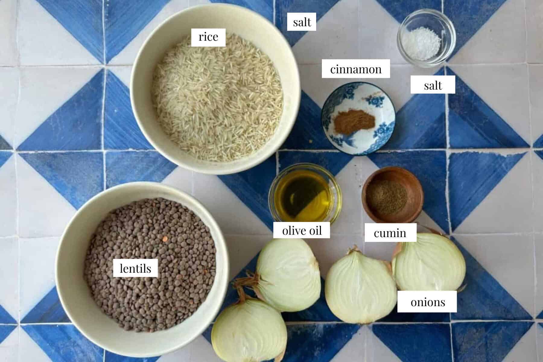 mujadara ingredients: brown lentils, rice, onions, olive oil, cumin, cinnamon, and salt