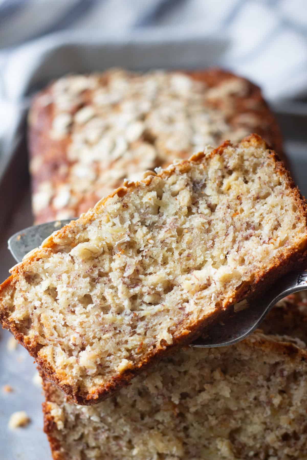 A slice of oatmeal banana bread.  