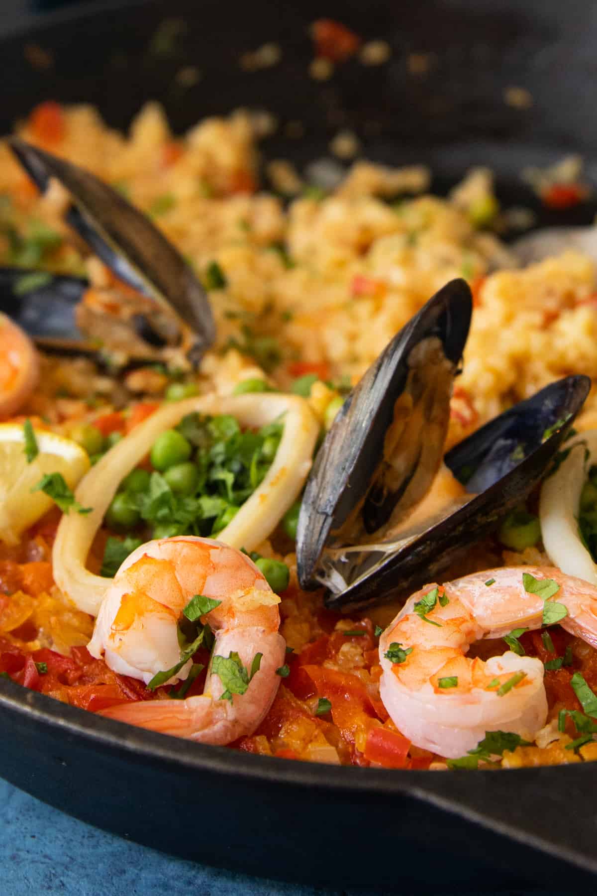 Mussel on seafood paella. 