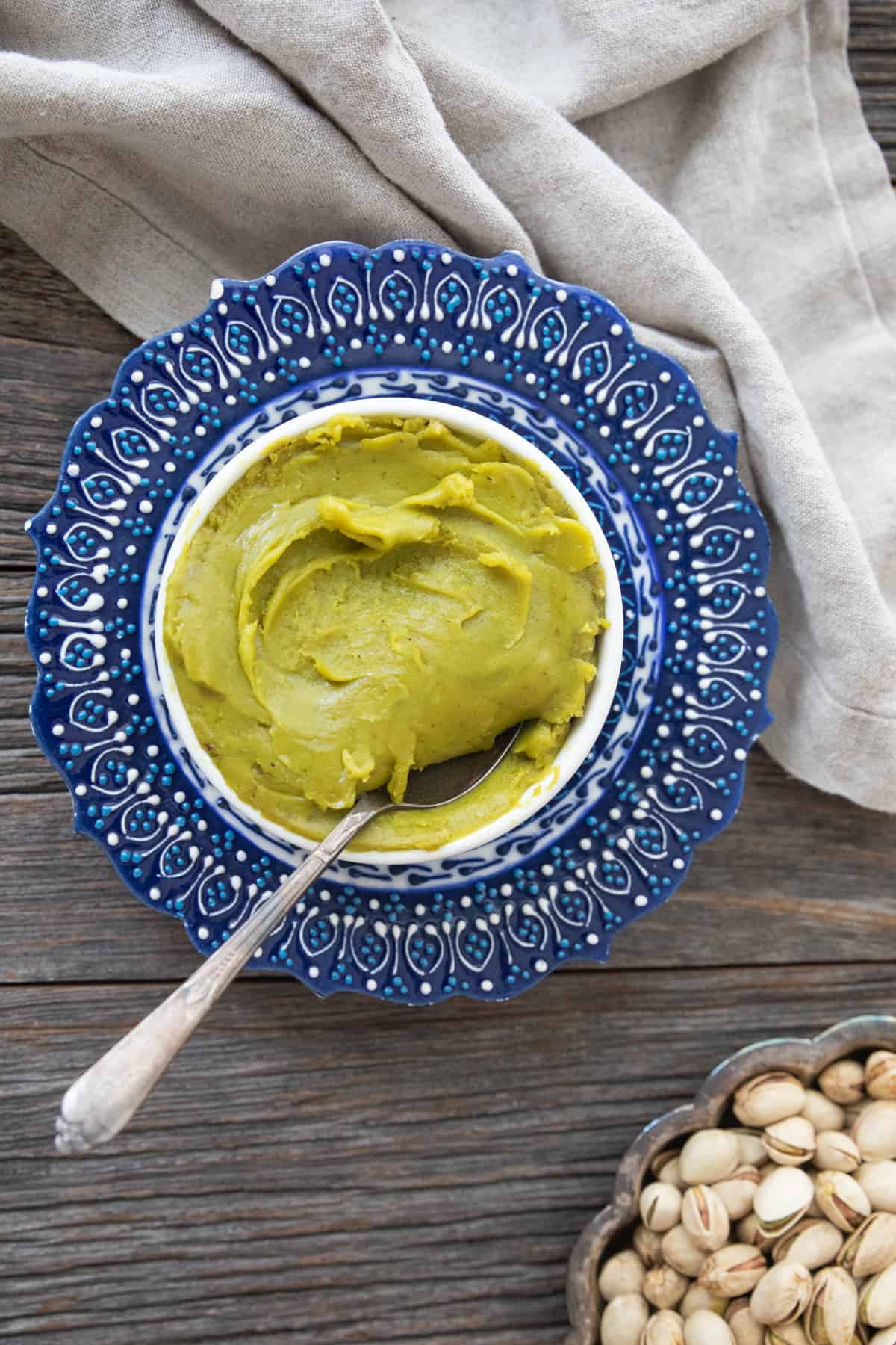 Pistachio butter in a bowl. 