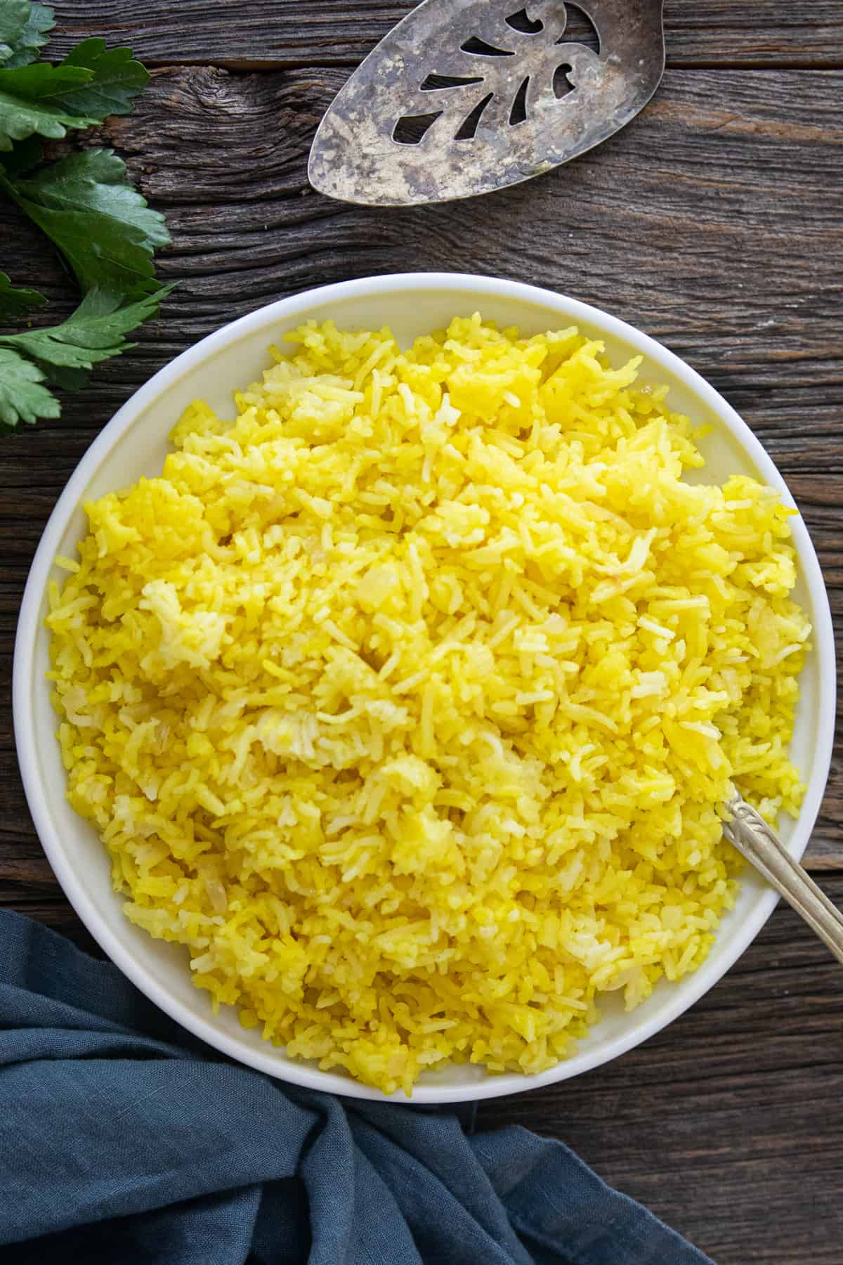 saffron rice on a wooden background.