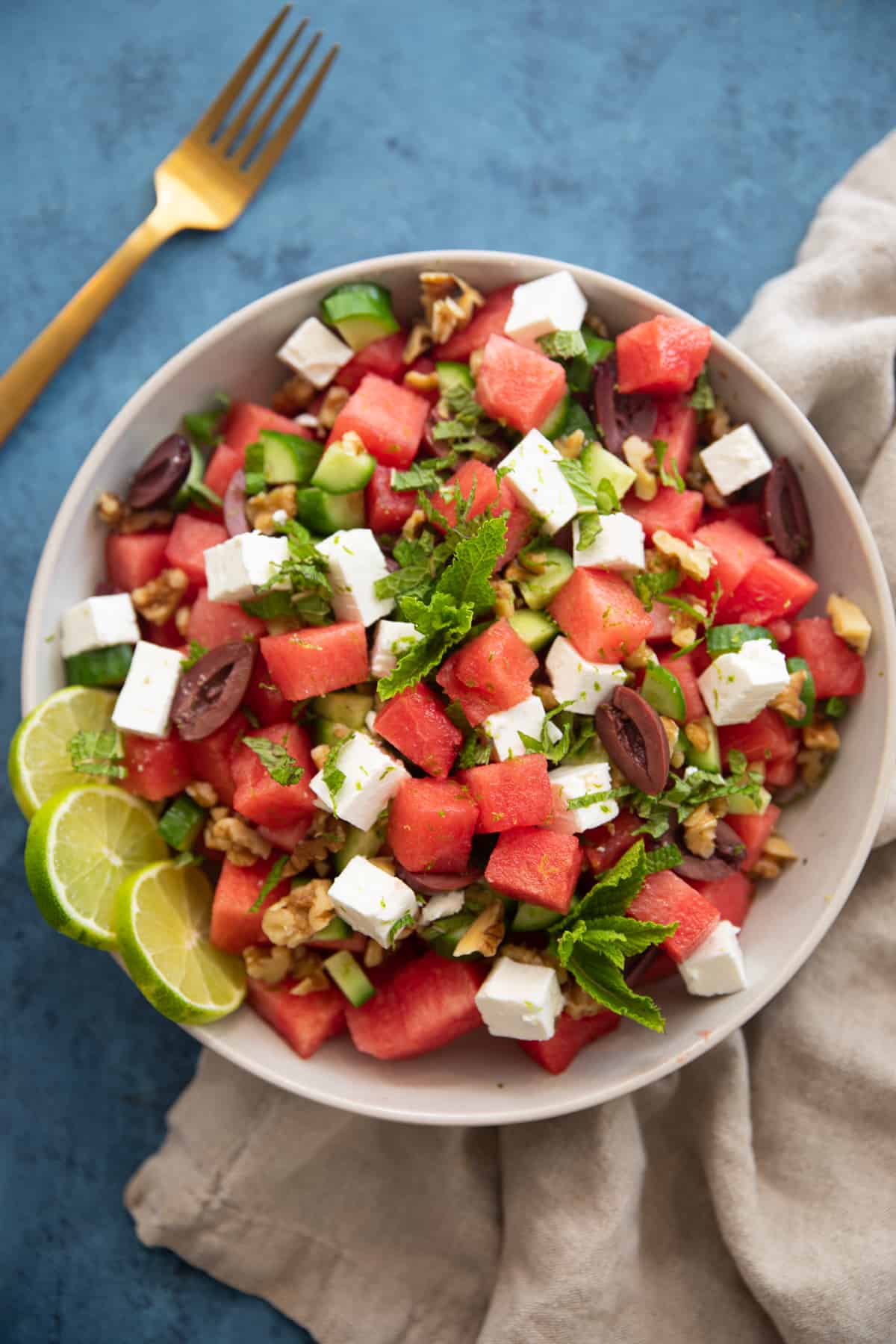 Watermelon salad with feta and mint. 