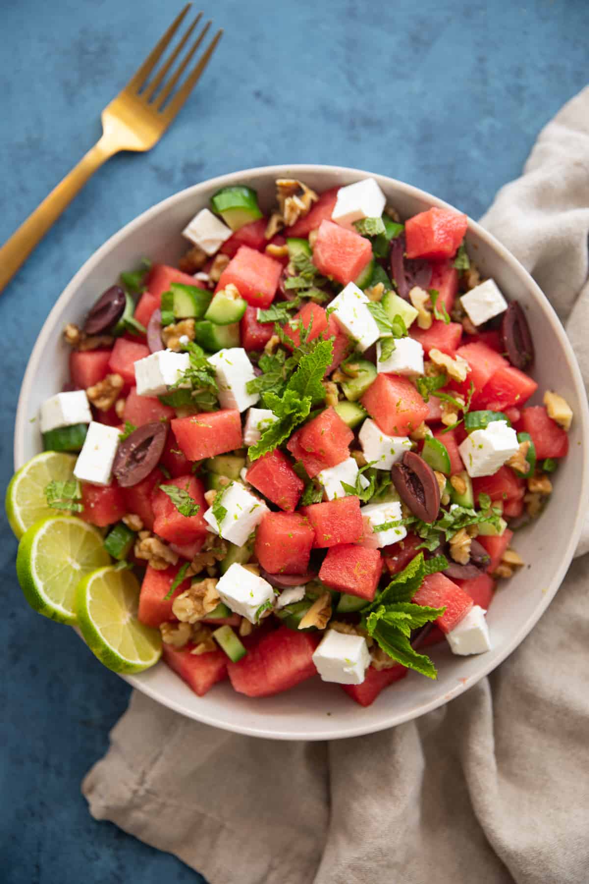 Watermelon salad with feta and mint.