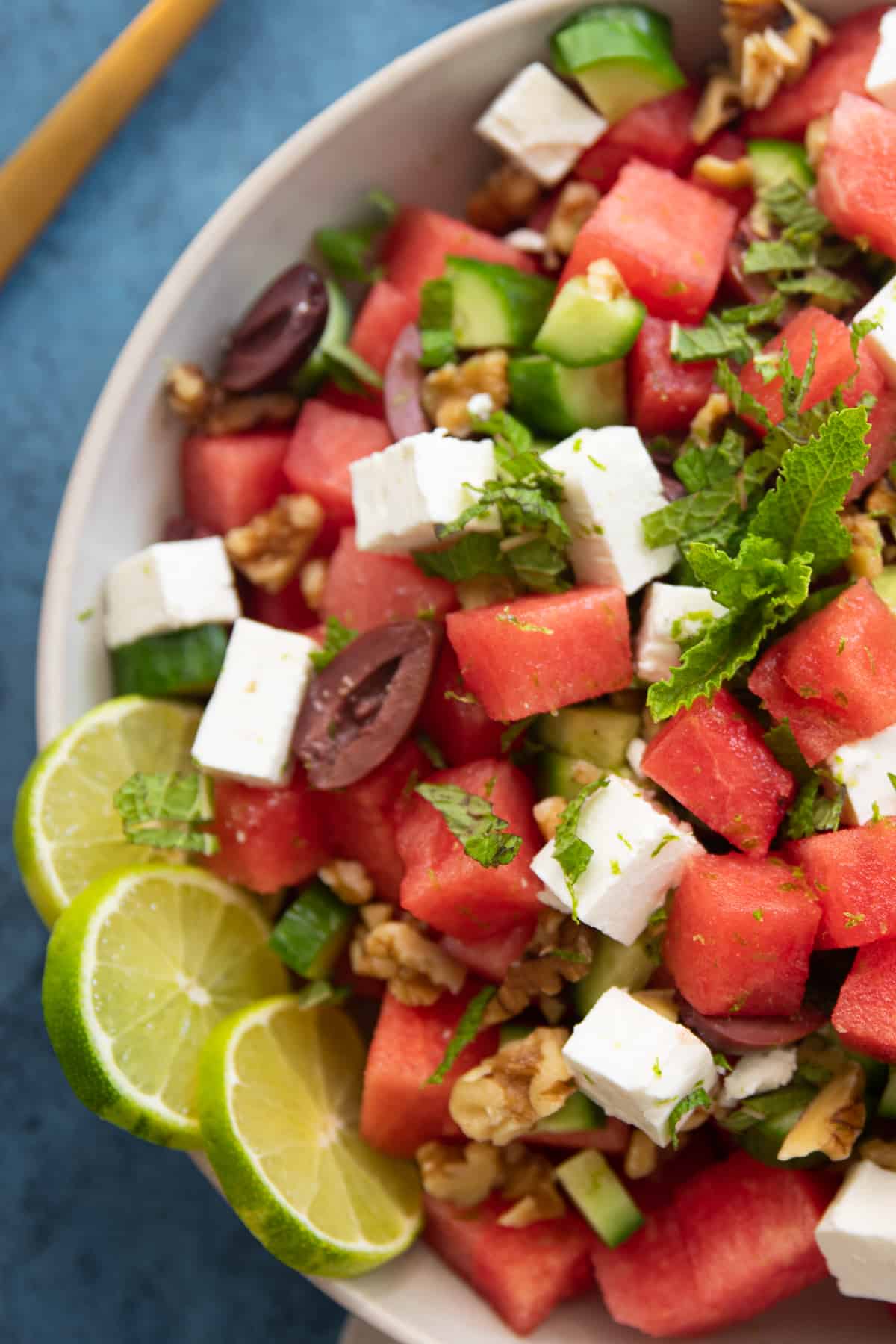 Close up shot of watermelon cucumber salad.