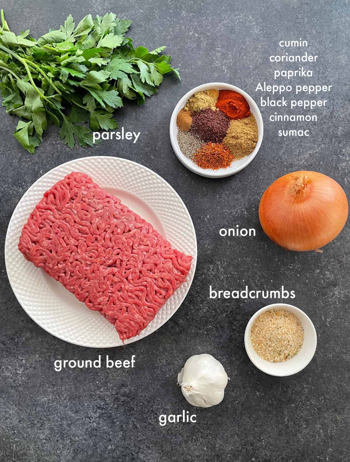 To make kofta kebab you need ground beef, breadcrumbs, parsley, onion, garlic and spices. 