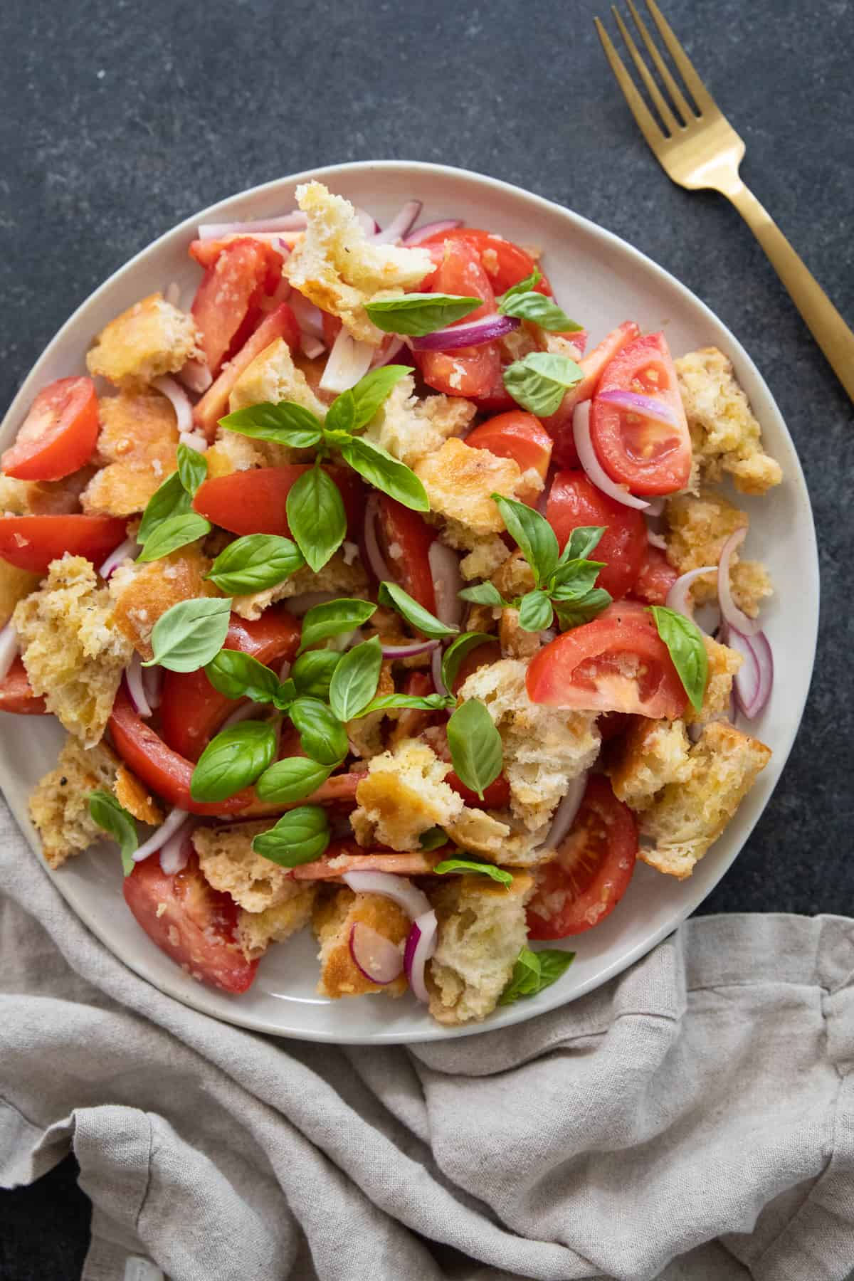 Overhead shot of panzanella. 