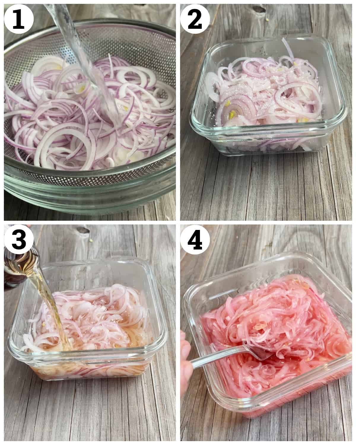 Slice the red onion, place in a colander and pour water over. Place in a container and top with vinegar. 