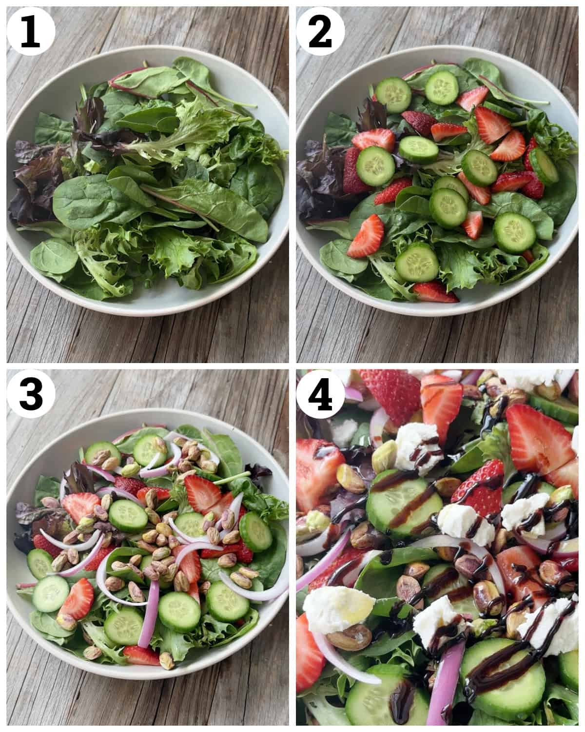 Place the greens in a bowl and top with strawberries, cucumbers and red onions. Add the pistachios and goat cheese. Toss with balsamic and olive oil. 