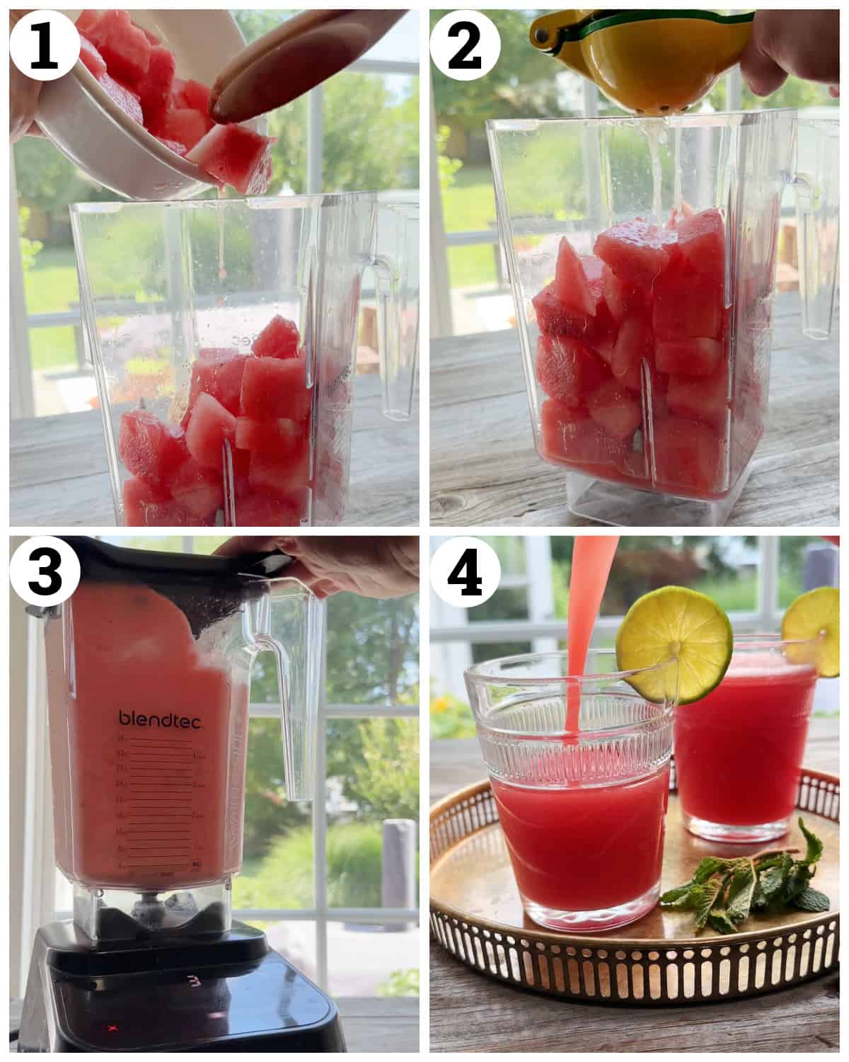 Blend the watermelon cubes and serve the juice in glasses. 