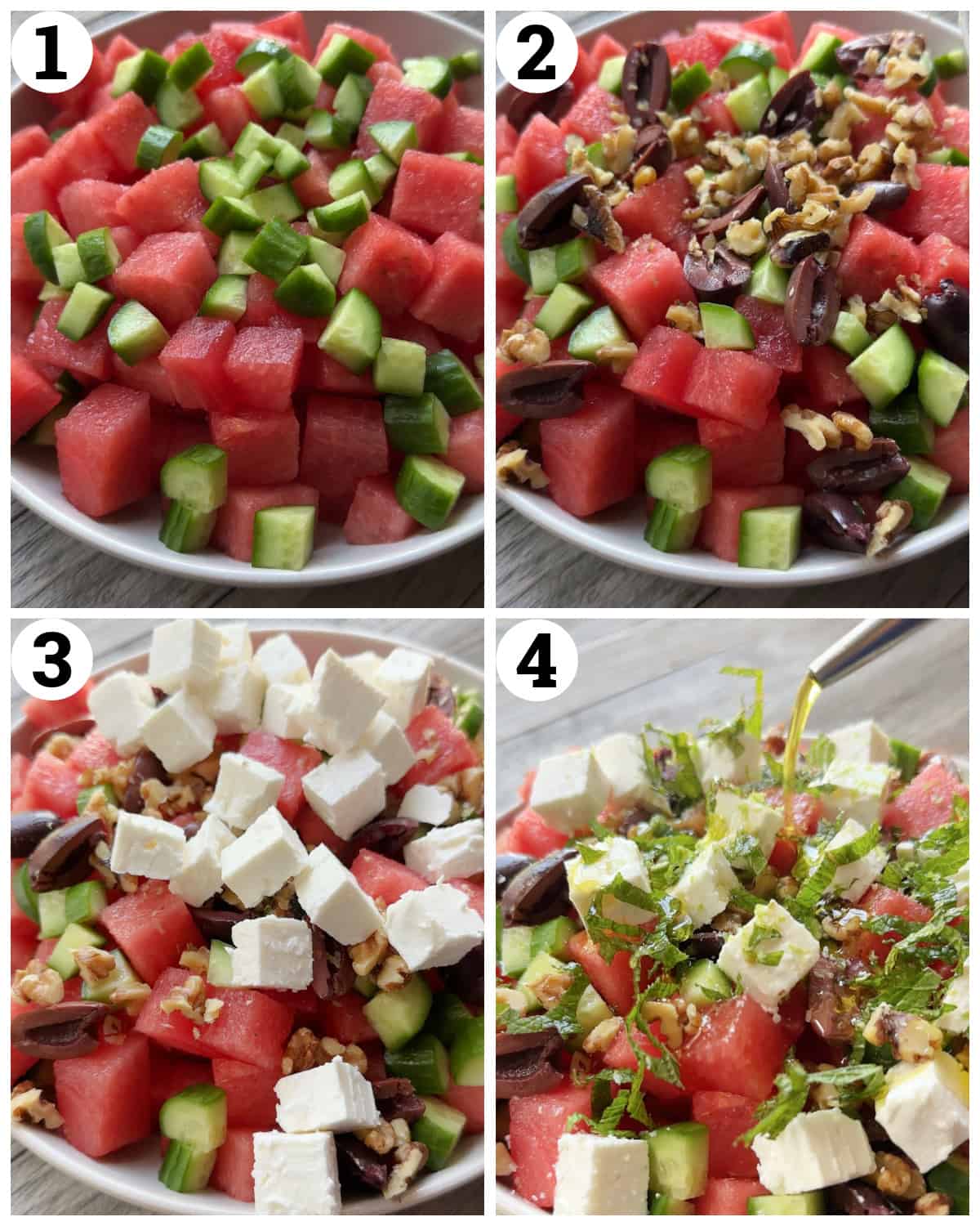 Toss the watermelon with the cucumber, olives, feta, walnuts and mint. 