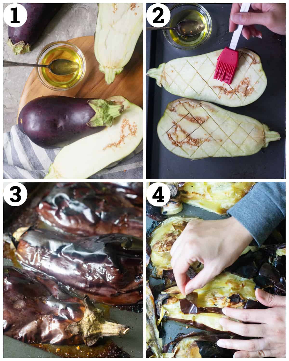Wash and dry the eggplants and cut in half. Cut diamonds in each piece and roast in the oven. 