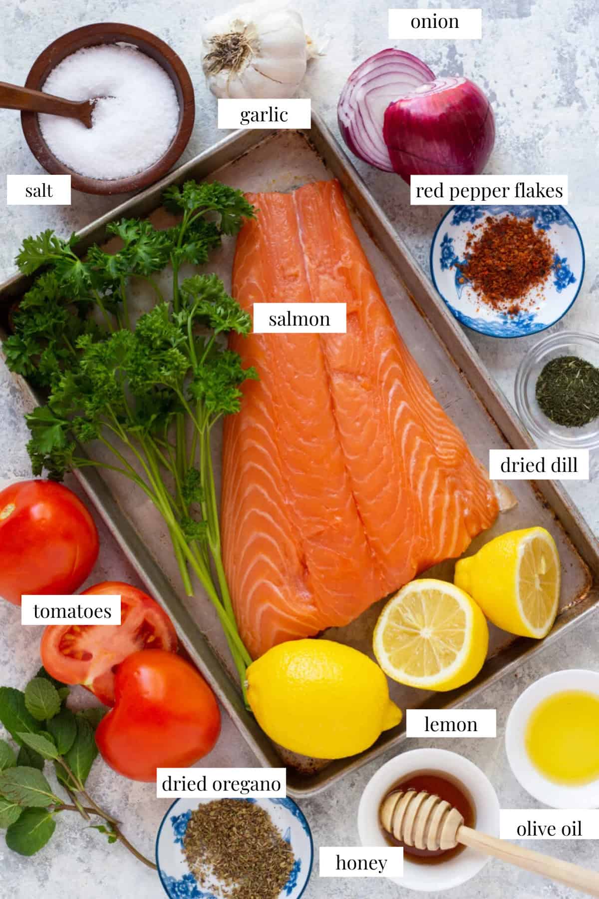 to make salmon marinade you need salmon, lemon juice, olive oil, garlic, spices and herbs.