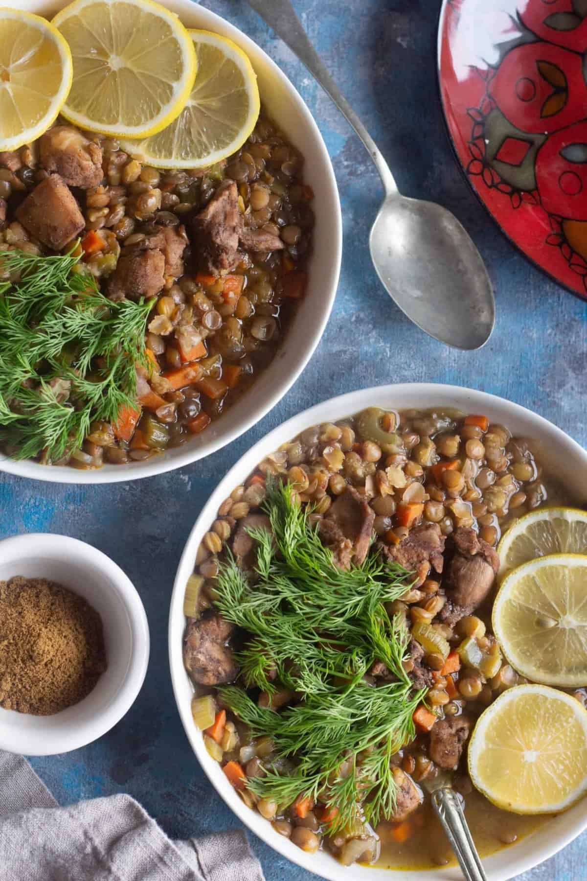 Enjoy an easy chicken lentil soup that's full of Mediterranean flavor. Seasoned with warm spices and packed with veggies, this soup is all you need for a hearty dinner.