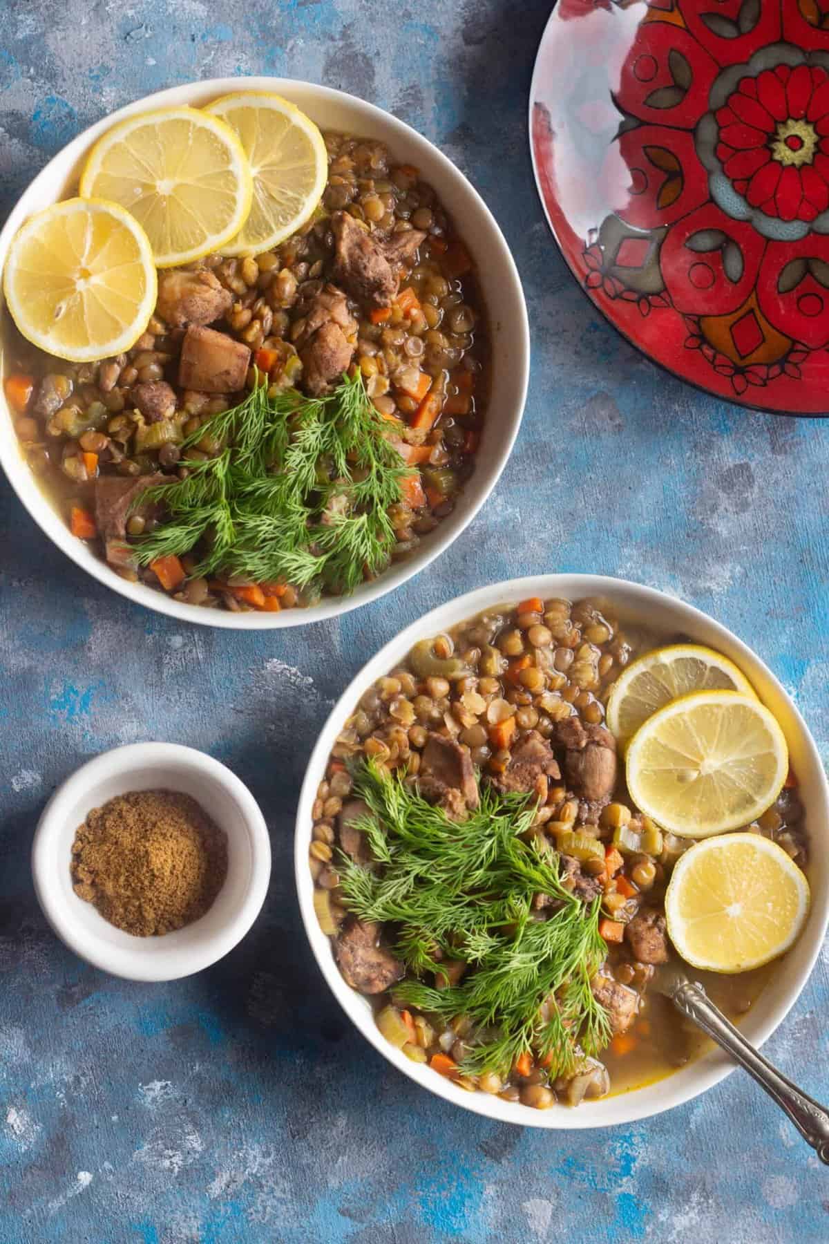 Enjoy an easy chicken lentil soup that's full of Mediterranean flavor. Seasoned with warm spices and packed with veggies, this soup is all you need for a hearty dinner.