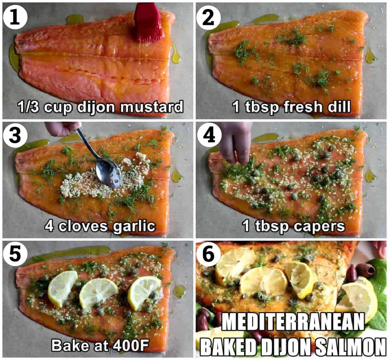 Steps to make baked dijon salmon. Spread mustard, add dill, garlic, capers and lemon. Bake in the oven and serve.