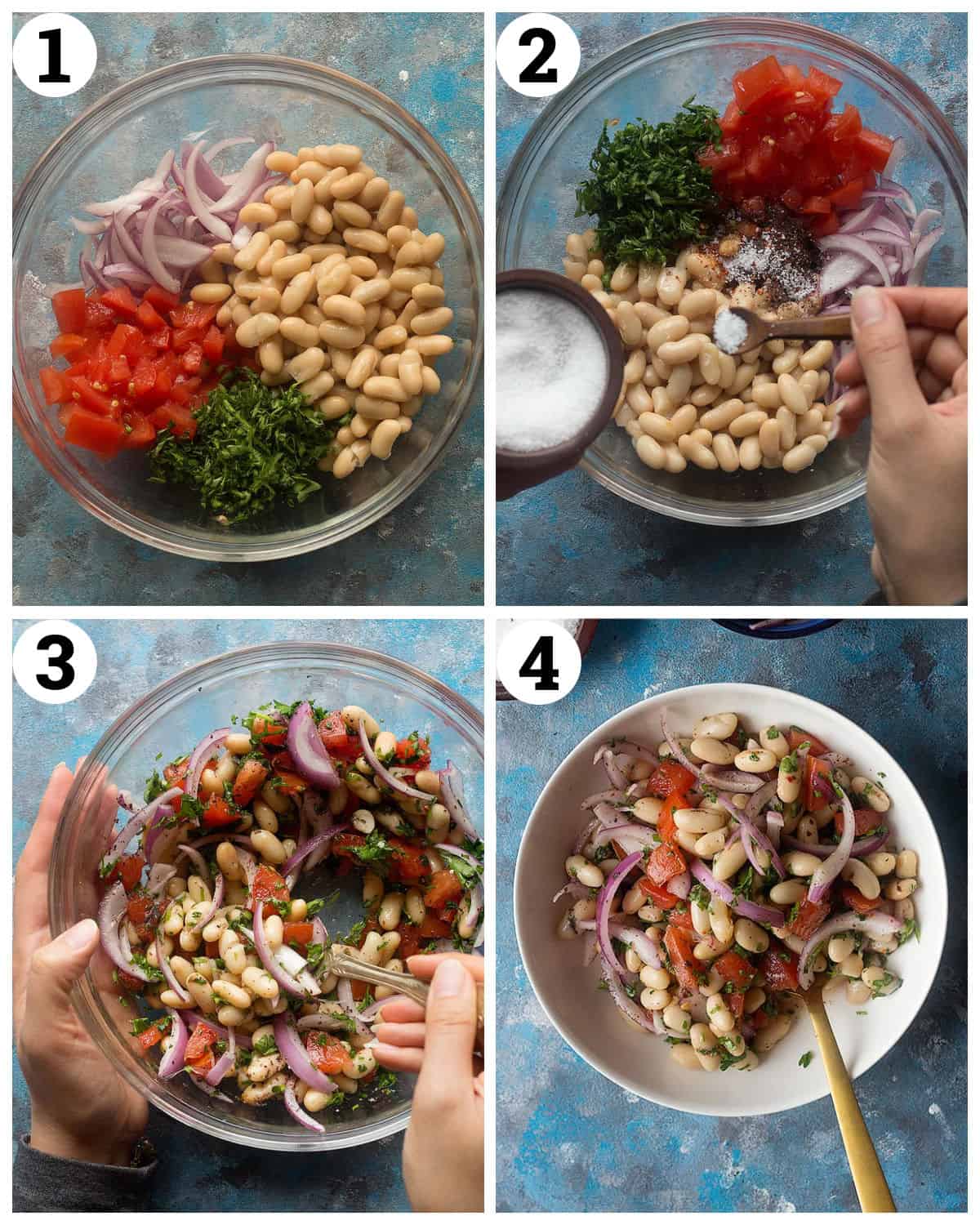 Place the beans with the vegetables in the bowl and add the seasoning. Mix and serve.