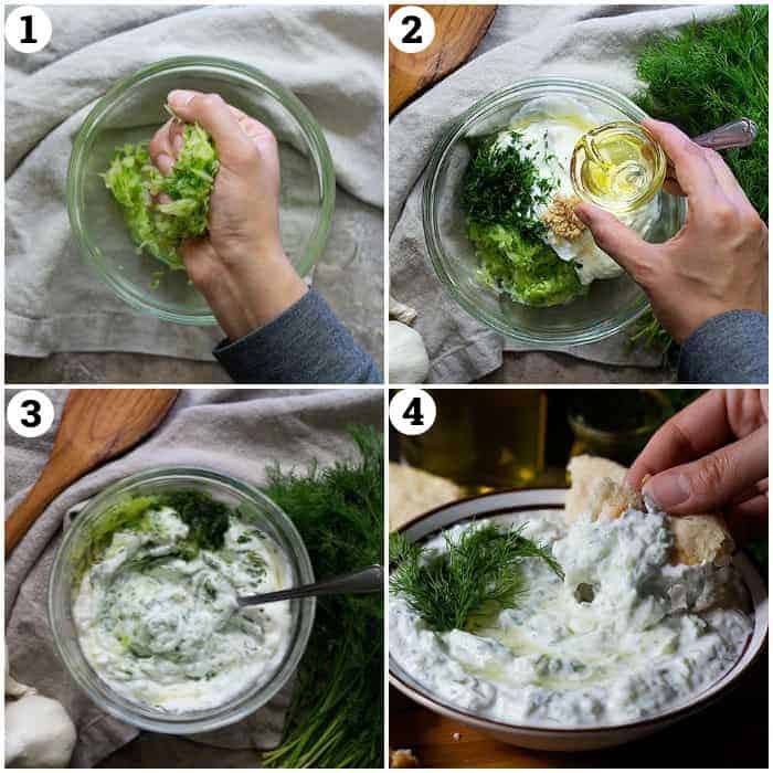 grate and squeeze the cucumbers, add olive oil, yogurt, dill and garlic, mix together and serve cold. 